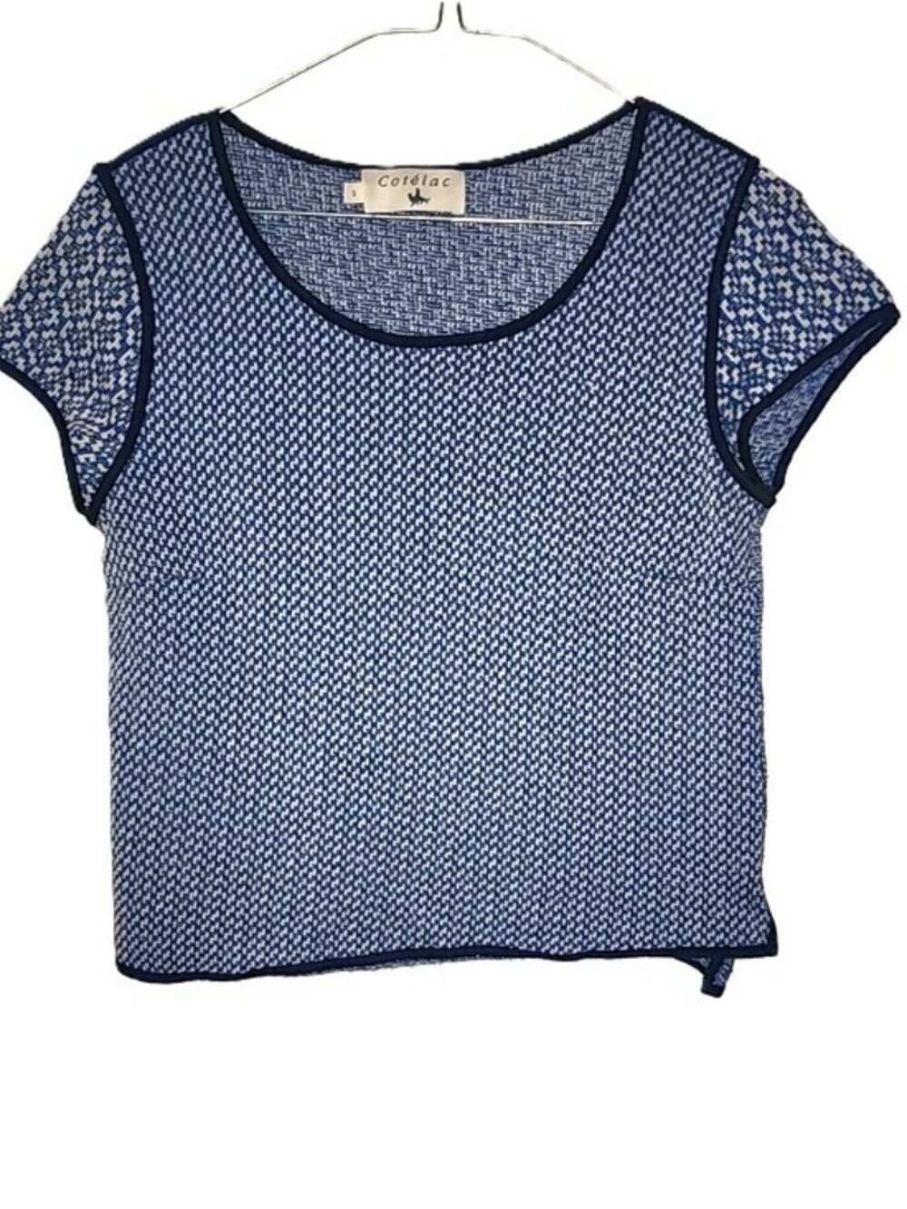 Cotelac Blue Cream Textured Patterned Short Sleeve Sweater Contemporary Size 0